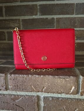 TORY BURCH Emerson Chain Wallet Crossbody bag In Red Saffiano Leather